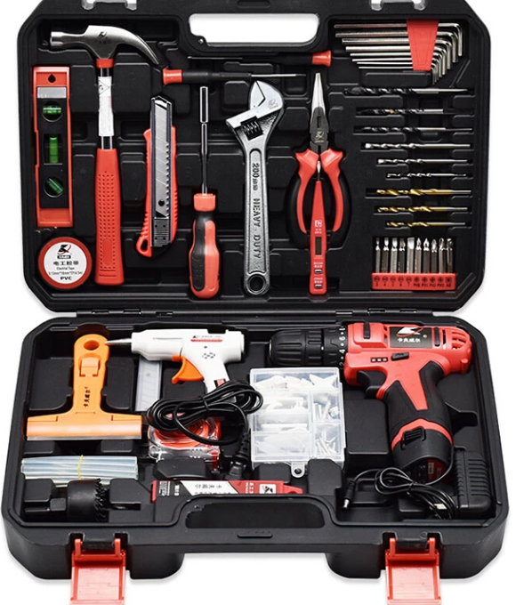 122件套锂电钻套装日常家用工具箱套装手电钻工具组套